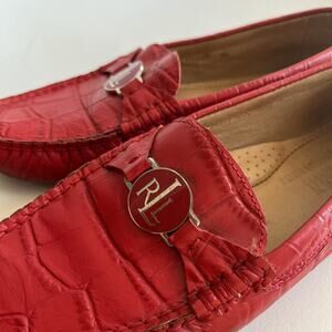 Ralph Lauren cherry Red Leather Slip On Carley Embossed Croc Women's shoe 6.5